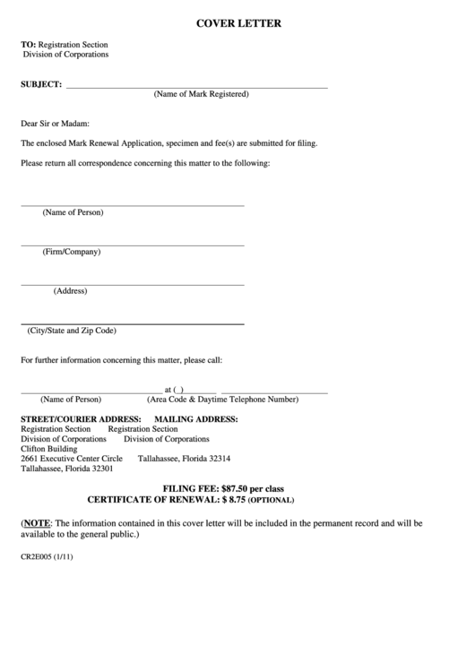 Fillable Form Cr2e005 - Cover Letter Template - Registration Section Division Of Corporations - 2011 Printable pdf