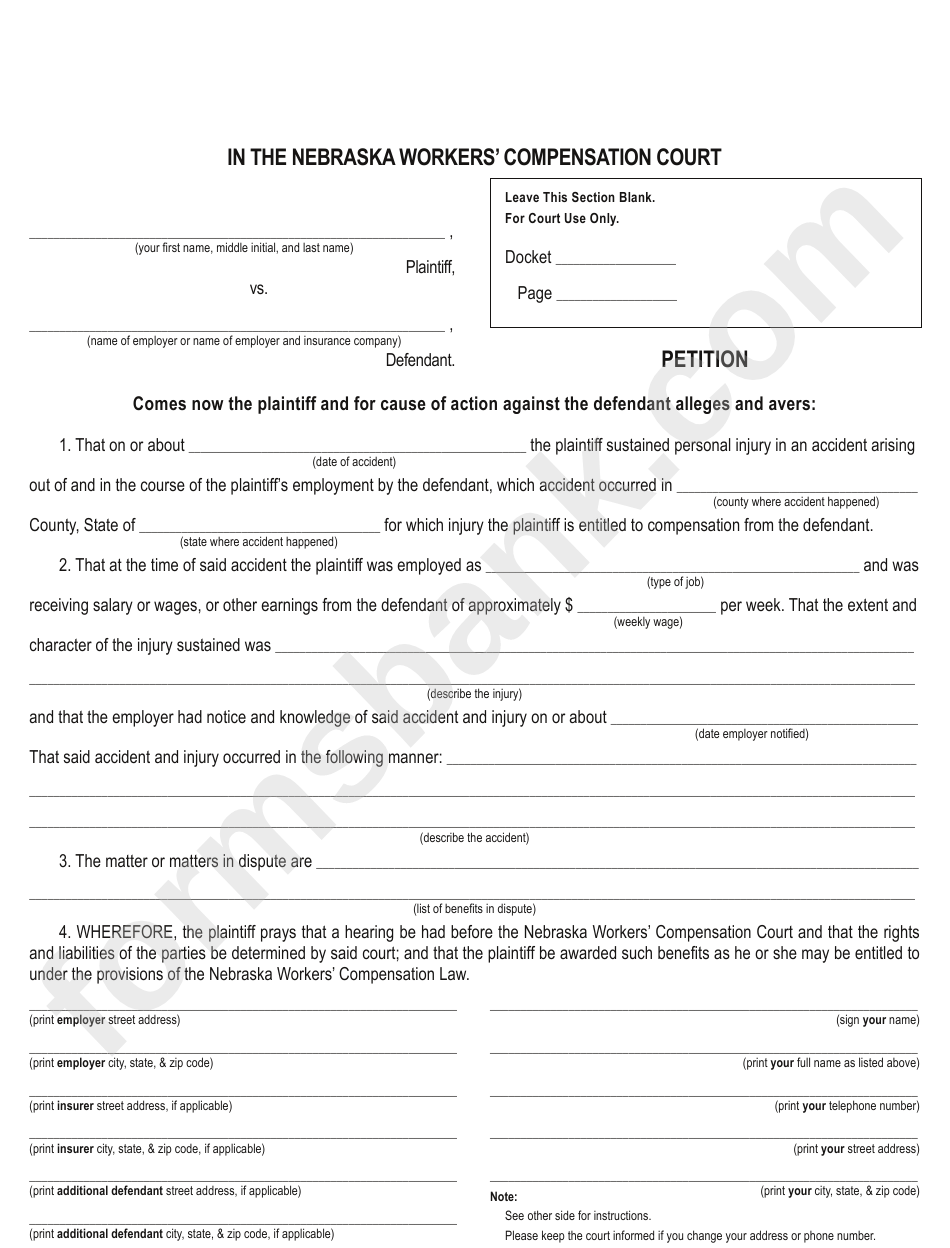 Fillable Petition (Nebraska Workers #39 Compensation Court) printable pdf