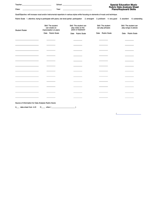 Special Education Music Rubric Data Analysis Sheet - Piano/keyboard Skills Printable pdf