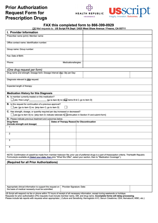 Prior Authorization Request Form For Prescription Drugs - Us Script