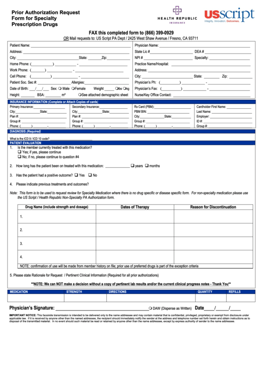 Us Script Prior Authorization Request Form For Specialty Prescription Drugs
