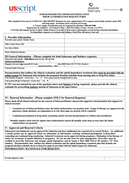 Us Script Suboxone/subutex Opioid Detoxification Prior Authorization Request Form