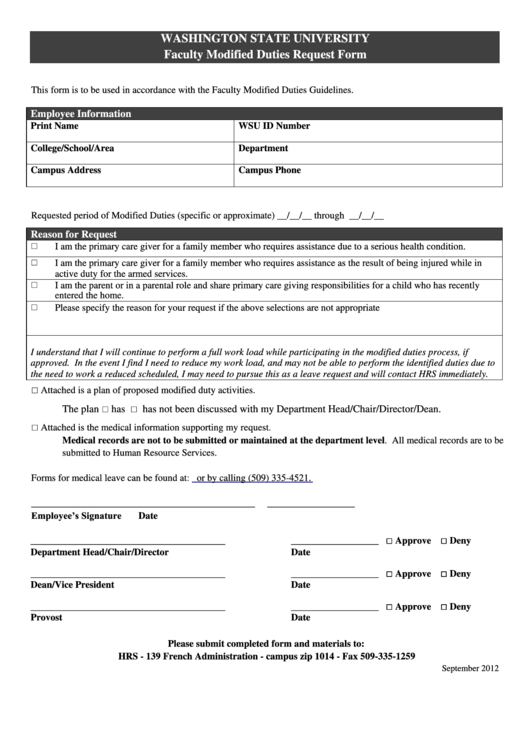 Washington State University - Faculty Modified Duties Request Form Printable pdf