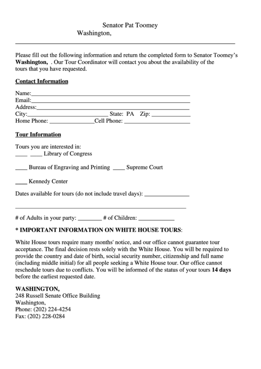 Washington, D.c. Tours Request Form Printable pdf