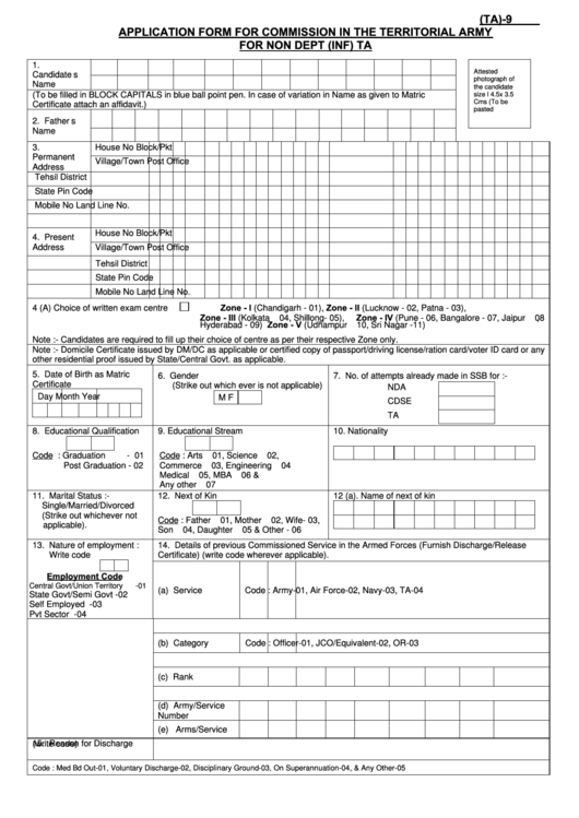 Application Form For Commission In The Territorial Army For Non Dept (inf) Ta