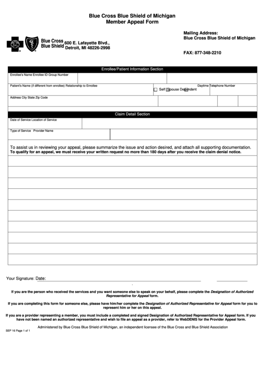 Fillable Blue Cross Blue Shield Of Michigan - Member Appeal Form Printable pdf