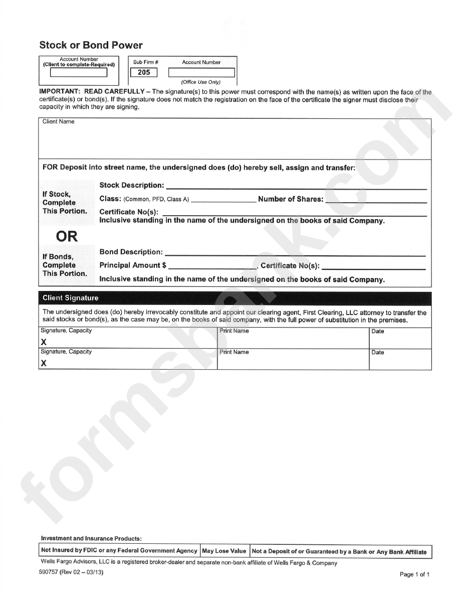 Form 590757 - Wells Fargo Stock Or Bond Power