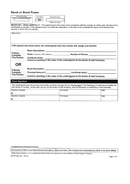 Form 590757 - Wells Fargo Stock Or Bond Power Printable pdf