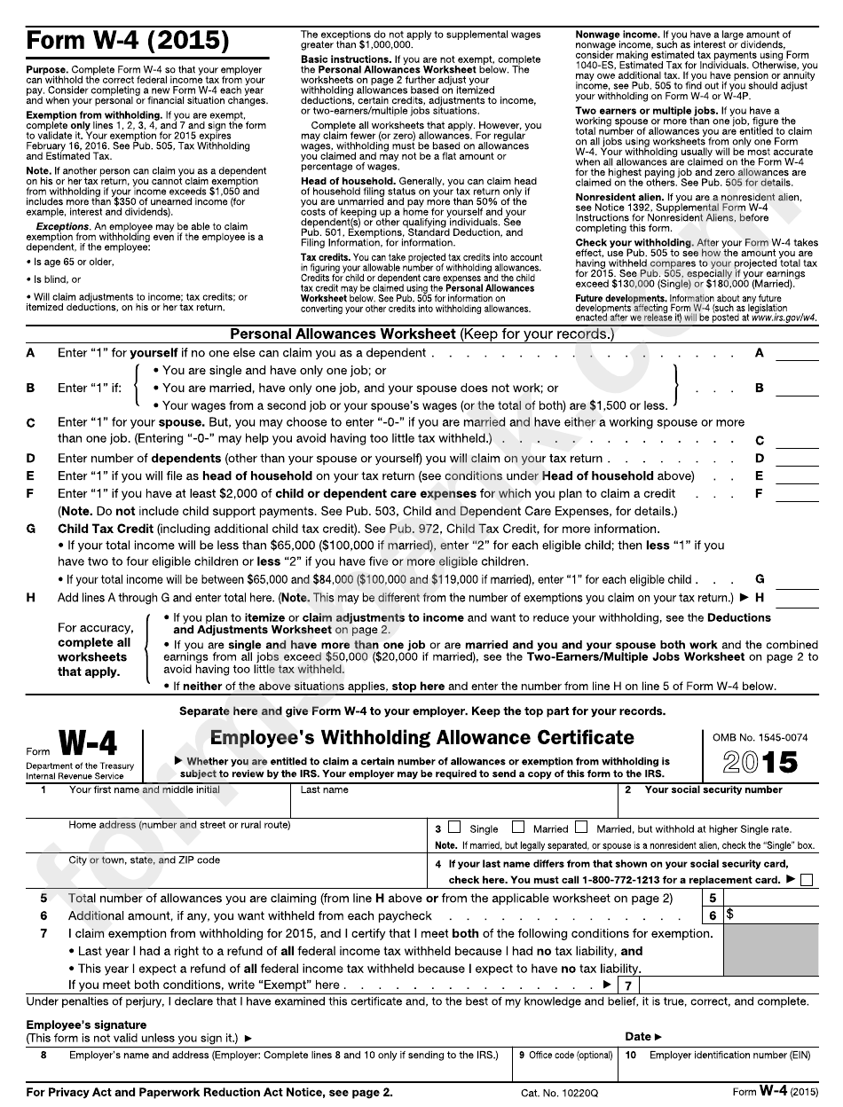 Form W4 Employee'S Withholding Allowance Certificate 2015