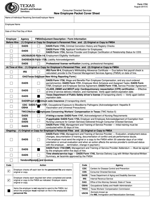 Form 1724 - New Employee Packet Cover Sheet