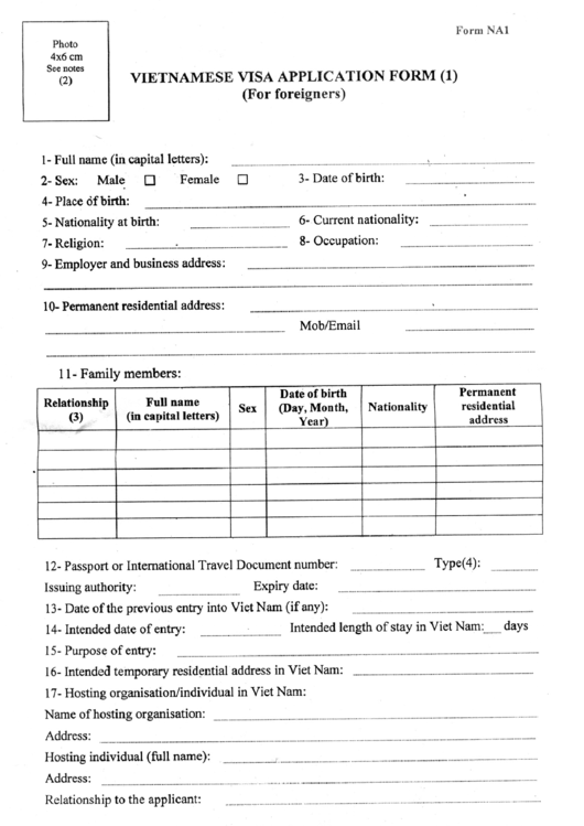 Vietnamese Visa Application Form 1 (For Foreigners) Printable pdf