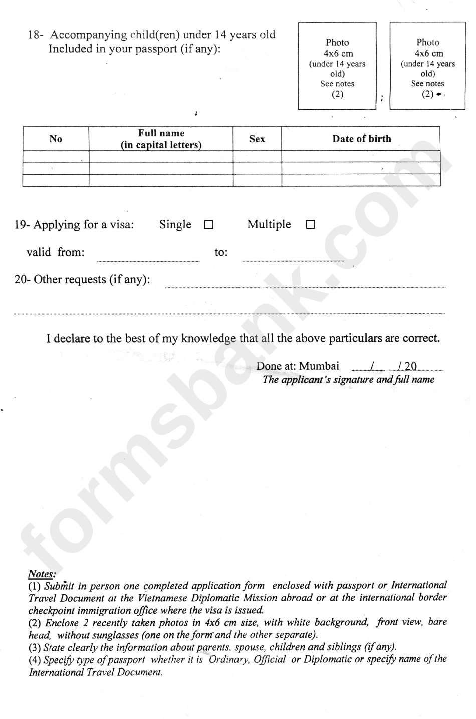 Vietnamese Visa Application Form 1 (For Foreigners)