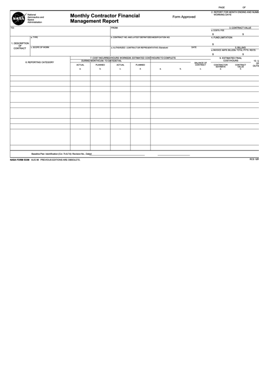 Nasa Form 533m - Monthly Contractor Financial Management Report, Form 533q - Quarterly Contractor Financial Management Report Printable pdf