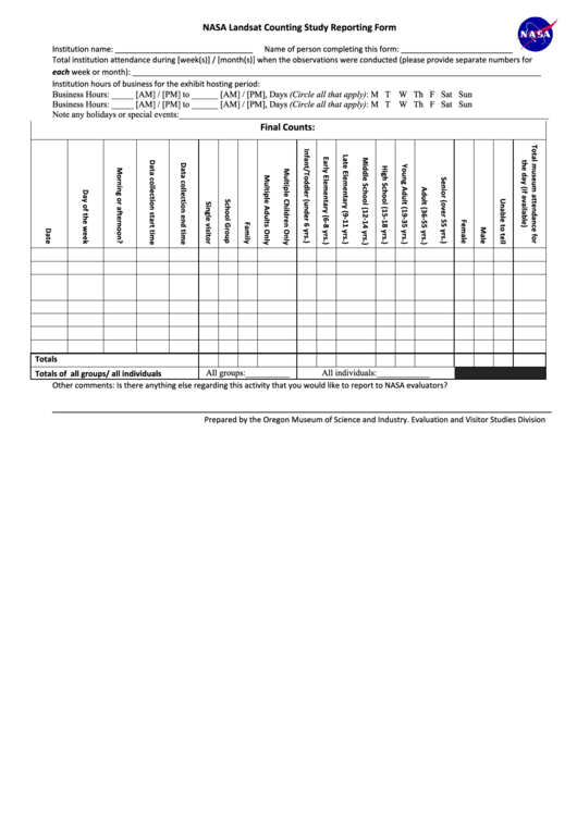 Nasa Counting Study Reporting Form Printable pdf