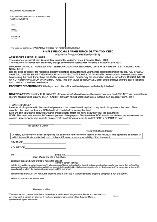 Fillable Simple Revocable Transfer On Death (Tod) Deed Form - State Of California Printable pdf