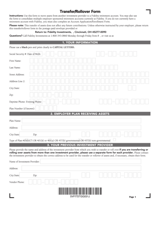 Fidelity Transfer / Rollover Form Printable pdf