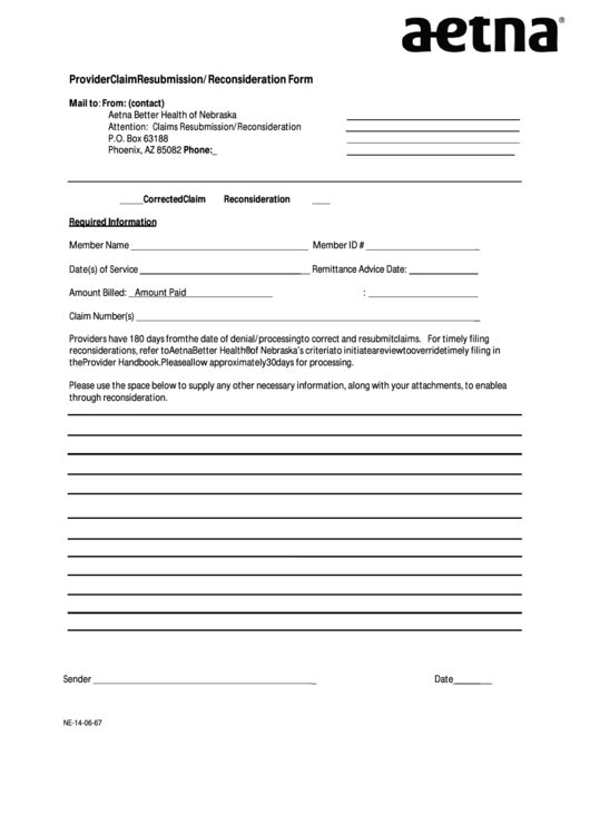 Form Ne-14-06-67 - Aetna Provider Claim Resubmission/reconsideration Form Printable pdf