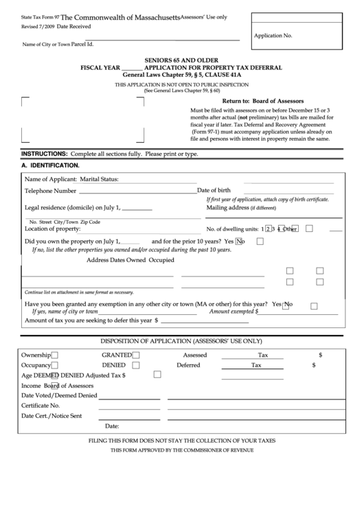 Fillable State Tax Form 97 - Seniors 65 And Older Application For Property Tax Deferral - 2009 Printable pdf