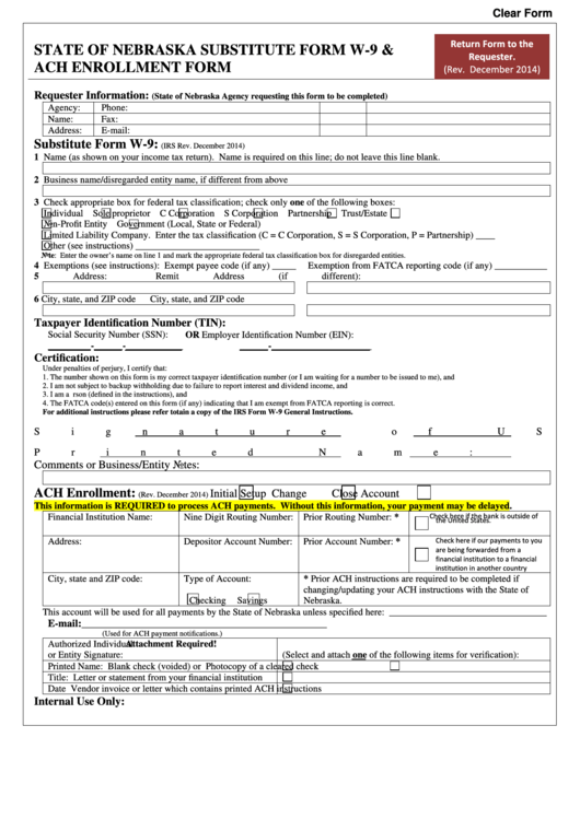 State Of Nebraska Substitute Form W-9 & Ach Enrollment Form - 2014