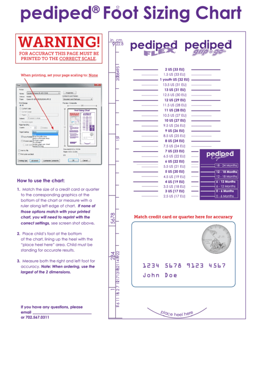 Pediped Foot Sizing Chart With Credit Card Printable pdf