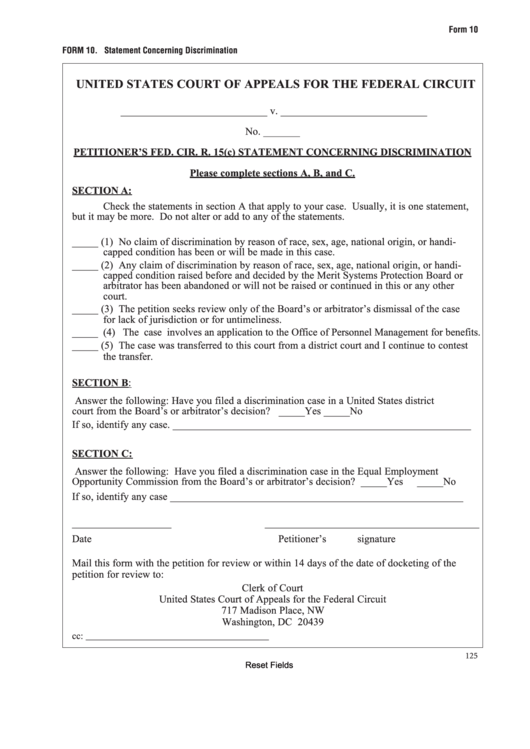 Fillable Form 10 - Statement Concerning Discrimination Printable pdf
