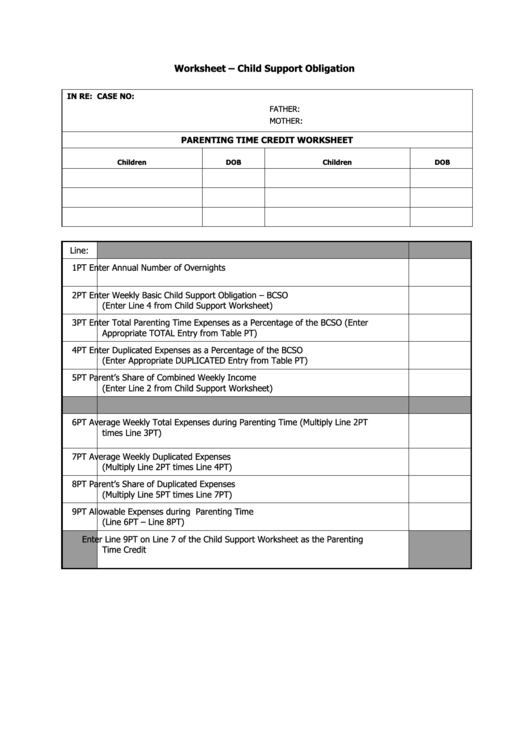 Fillable Worksheet Template - Child Support Obligation Printable pdf