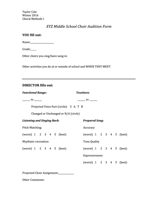 Middle School Choir Audition Form Printable pdf