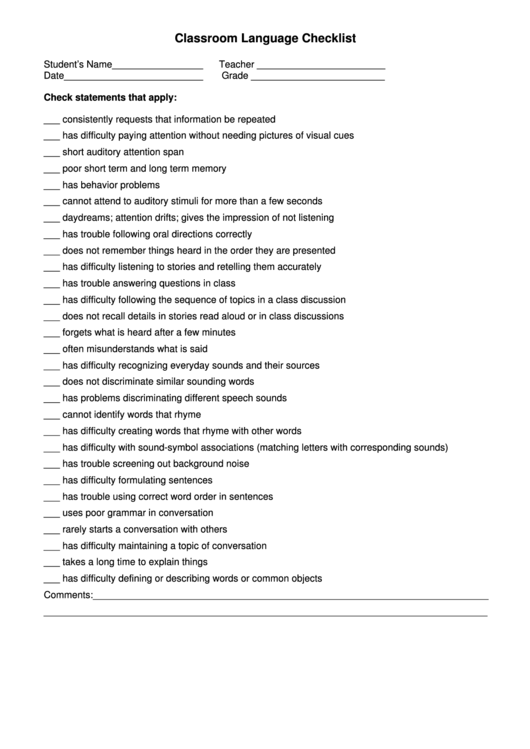 Classroom Language Checklist Printable pdf