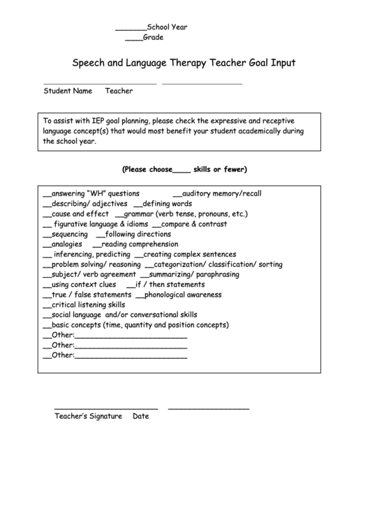 Speech And Language Therapy Teacher Goal Input Printable pdf