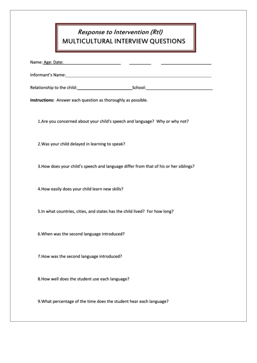 Response To Intervention (Rti) Multicultural Interview Questions Printable pdf