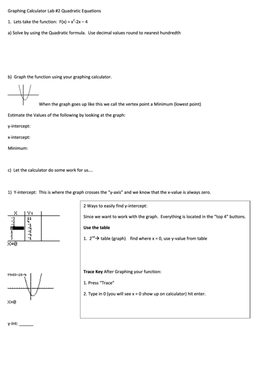 Graphing Calculator Lab - Quadratic Equations Printable pdf