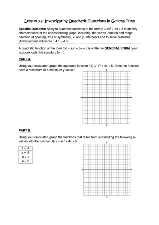 Investigating Quadratic Functions In General Form Printable pdf