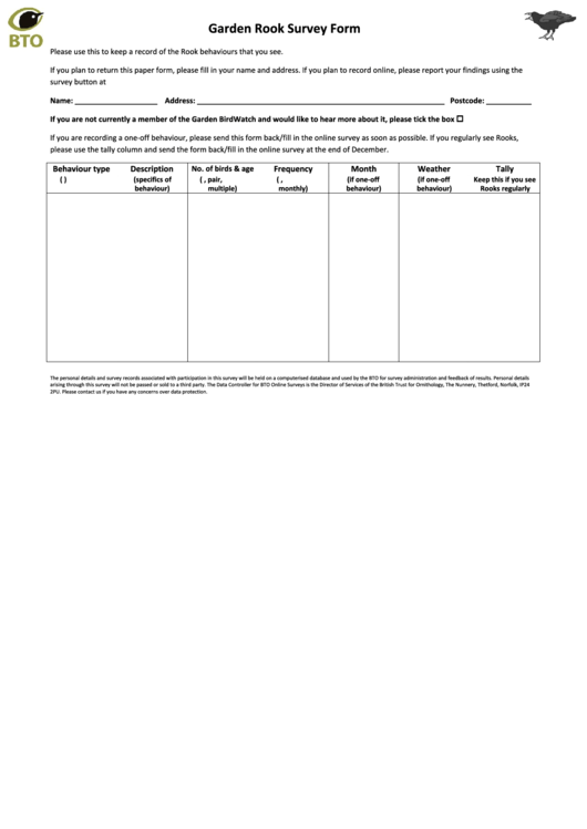 Garden Rook Survey Form Printable pdf