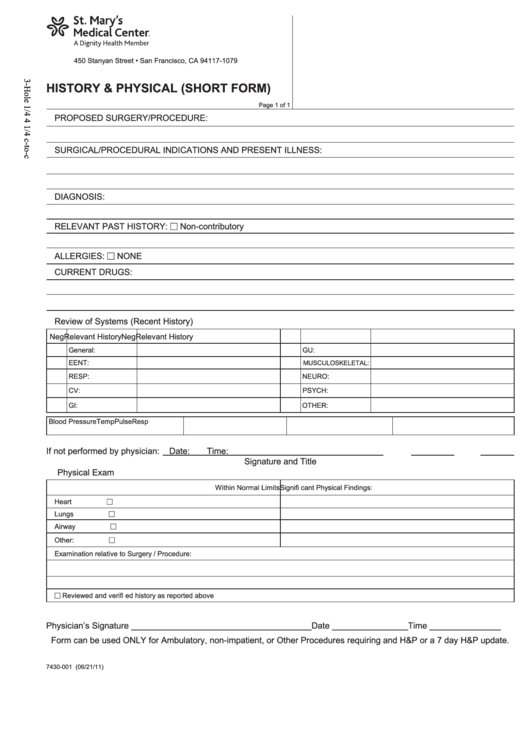 History & Physical (Short Form) Printable pdf