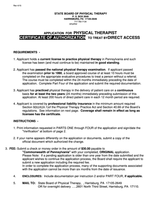 Application For Physical Therapist Certificate Of Authorization To Treat By Direct Access Printable pdf