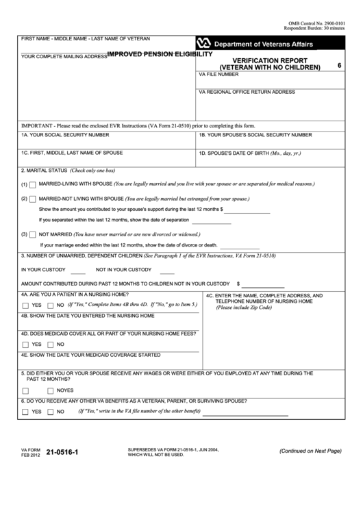 Fillable Va Form 21-0516-1 - Improved Pension Eligibility Verification Report (Veteran With No Children) Printable pdf