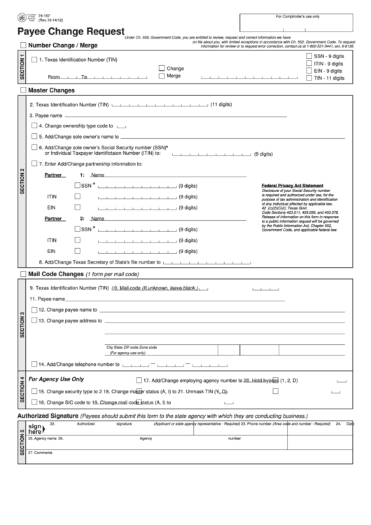 Fillable Form 74-157, 2010, Payee Change Request Printable pdf