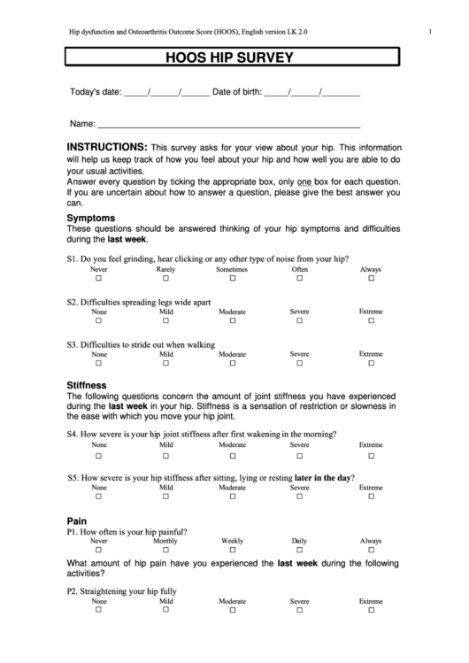 Hoos Hip Survey Printable pdf