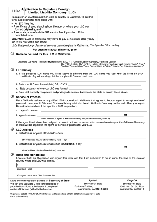Fillable Llc-5, Application To Register A Foreign Limited Liability Company Printable pdf