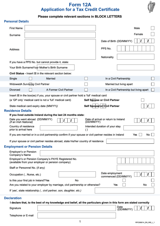 Form 12a - Application For A Tax Credit Certificate