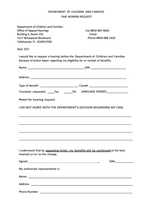 Fillable Fair Hearing Request Printable pdf