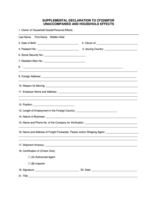 Fillable Supplemental Declaration To Cf3299 For And