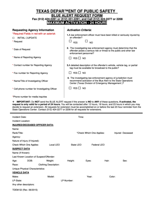 Fillable Blue Alert Request Form Printable pdf