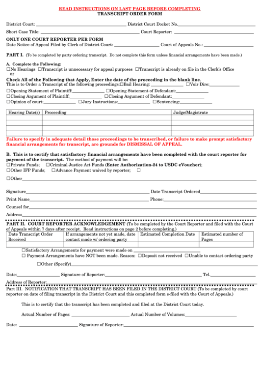 Fillable Court Of Appeals Transcript Order Form Printable pdf