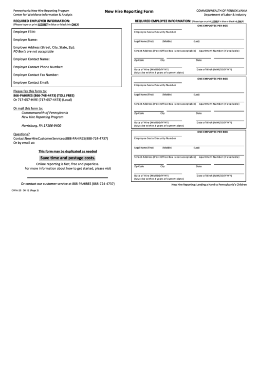 New Hire Reporting Form 2012 Printable pdf