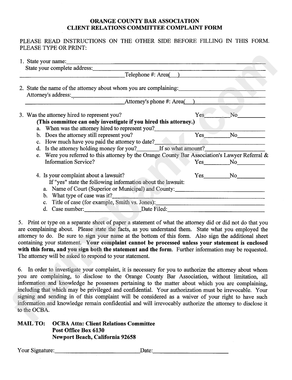 Orange County Bar Association Client Relations Complaint Form