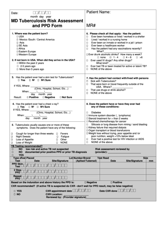 Fillable Md Tuberculosis Risk Assessment And Ppd Form Printable pdf