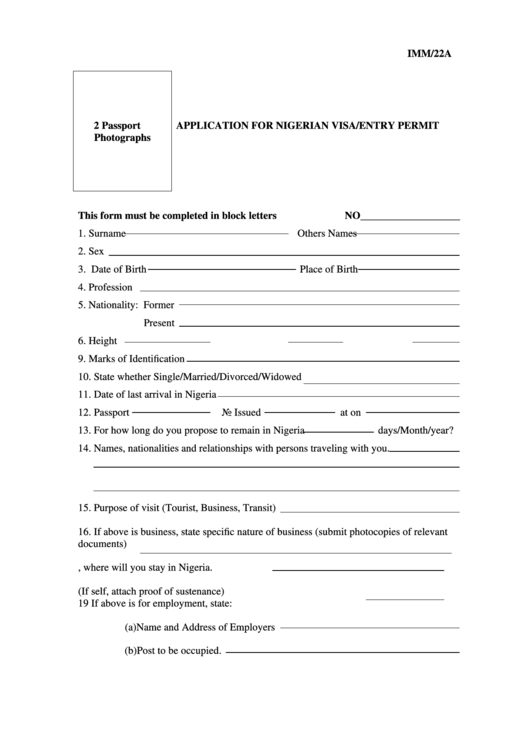 Form Imm/22a - Application For Nigerian Visa/entry Permit Form