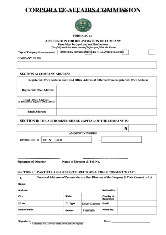 Fillable Application Form For Registration Of Company Printable pdf