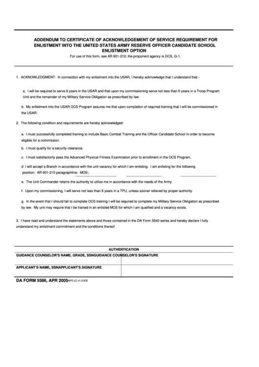 Fillable Da Form 5586, 2005, Addendum To Certificate Of Acknowledgement Of Service Requirement For Enlistment Printable pdf